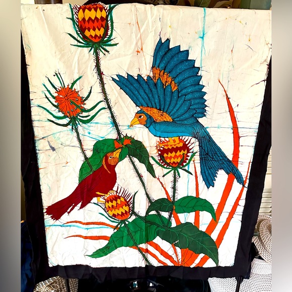 Artisan Handmade Batik Painting Cloth Wall Art Hanging Textile Birds Shibori NEW